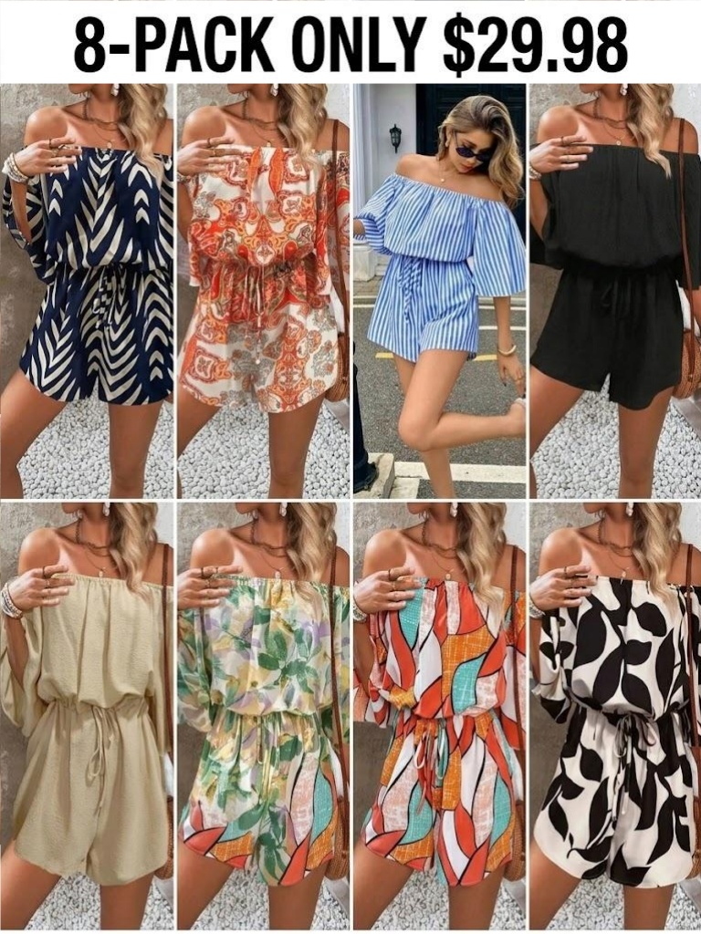 Women's Leaf Print Off Shoulder Tie Front Romper