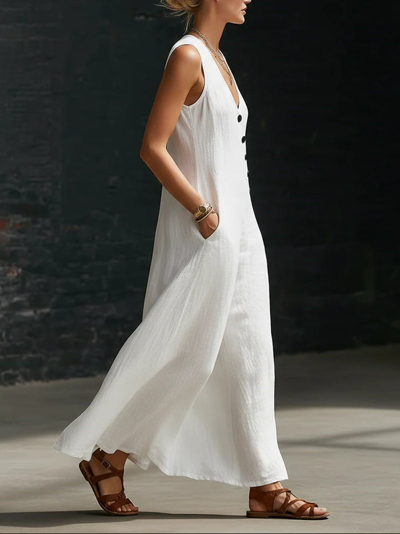 loose sleeveless V-neck diagonal button white dress