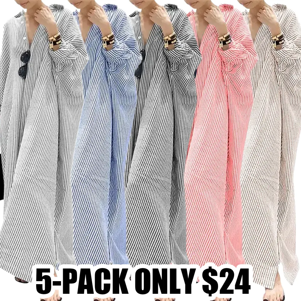 Chouyatou Women’s Striped Cotton Batwing Sleeve Maxi Shirt Dress – Casual Loose Fit Button-Down Long Sleeve Summer Outfit