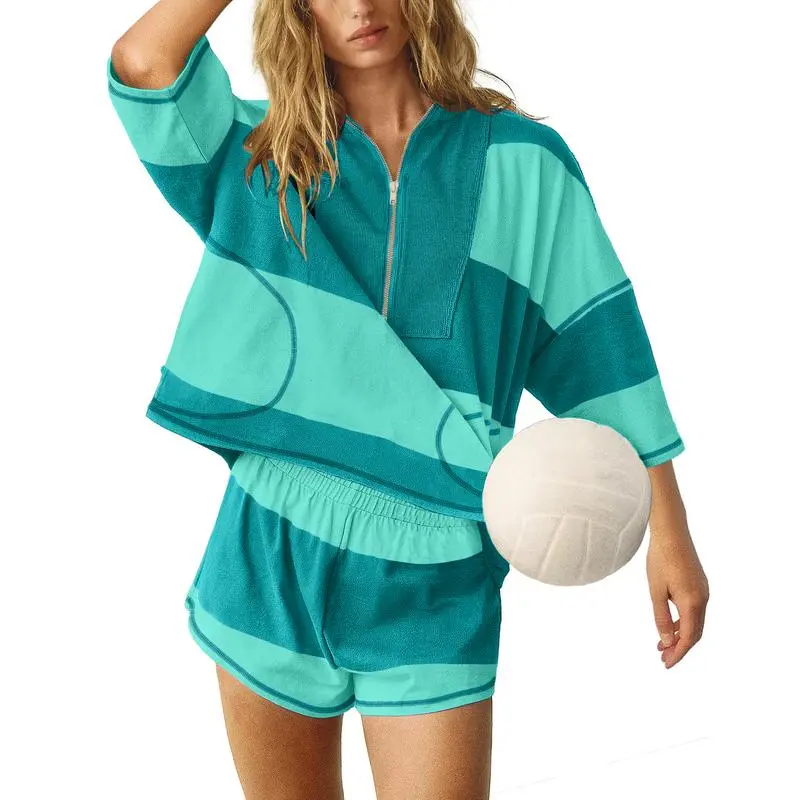 Women Striped Workout Set Two Piece Outfit Tracksuit Oversized Lounge Set