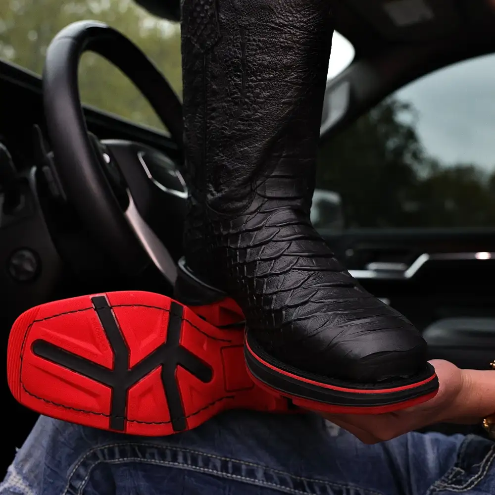 Matte Black Anaconda Leather Boots With 3D Lightweight Sole