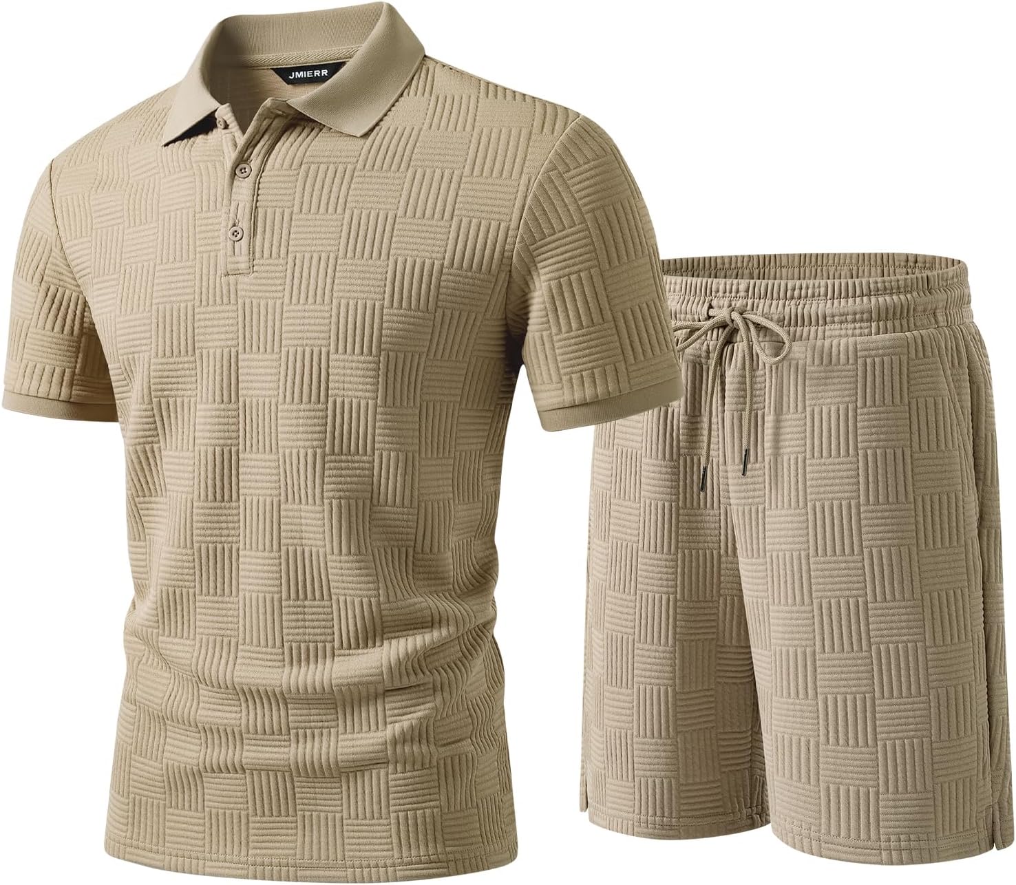 Mens Sweatsuits Sets Summer Tracksuits 2 Piece Outfits Textured Short Sleeve Golf Polo Drawstring Short