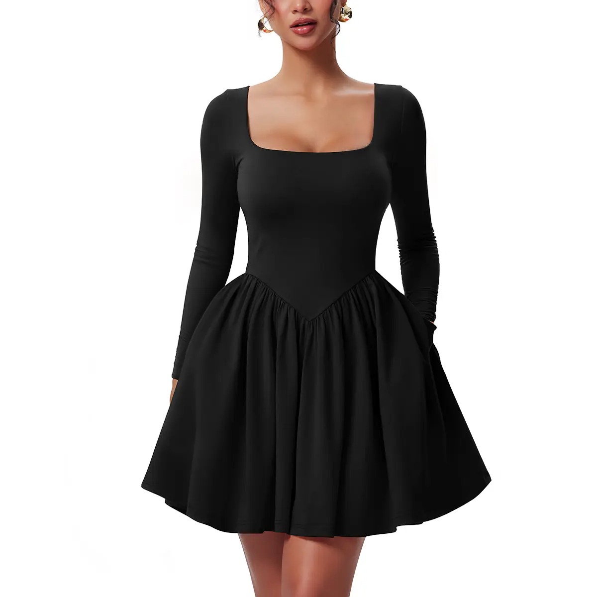 Women’s Long Sleeve Ruffle Hem Mini Dress with Pockets