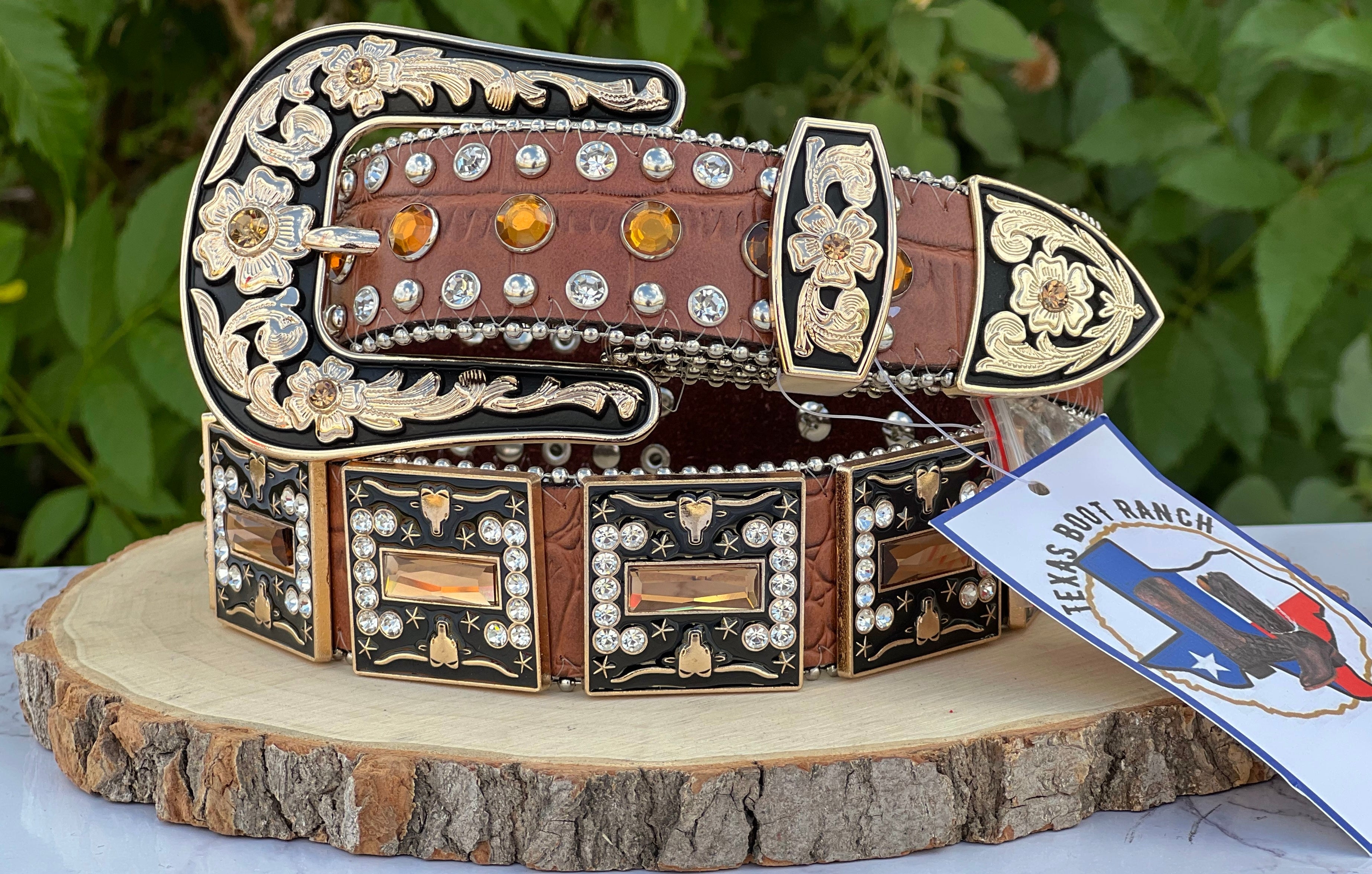 Western Brown Longhorn Belt With Rhinestone
