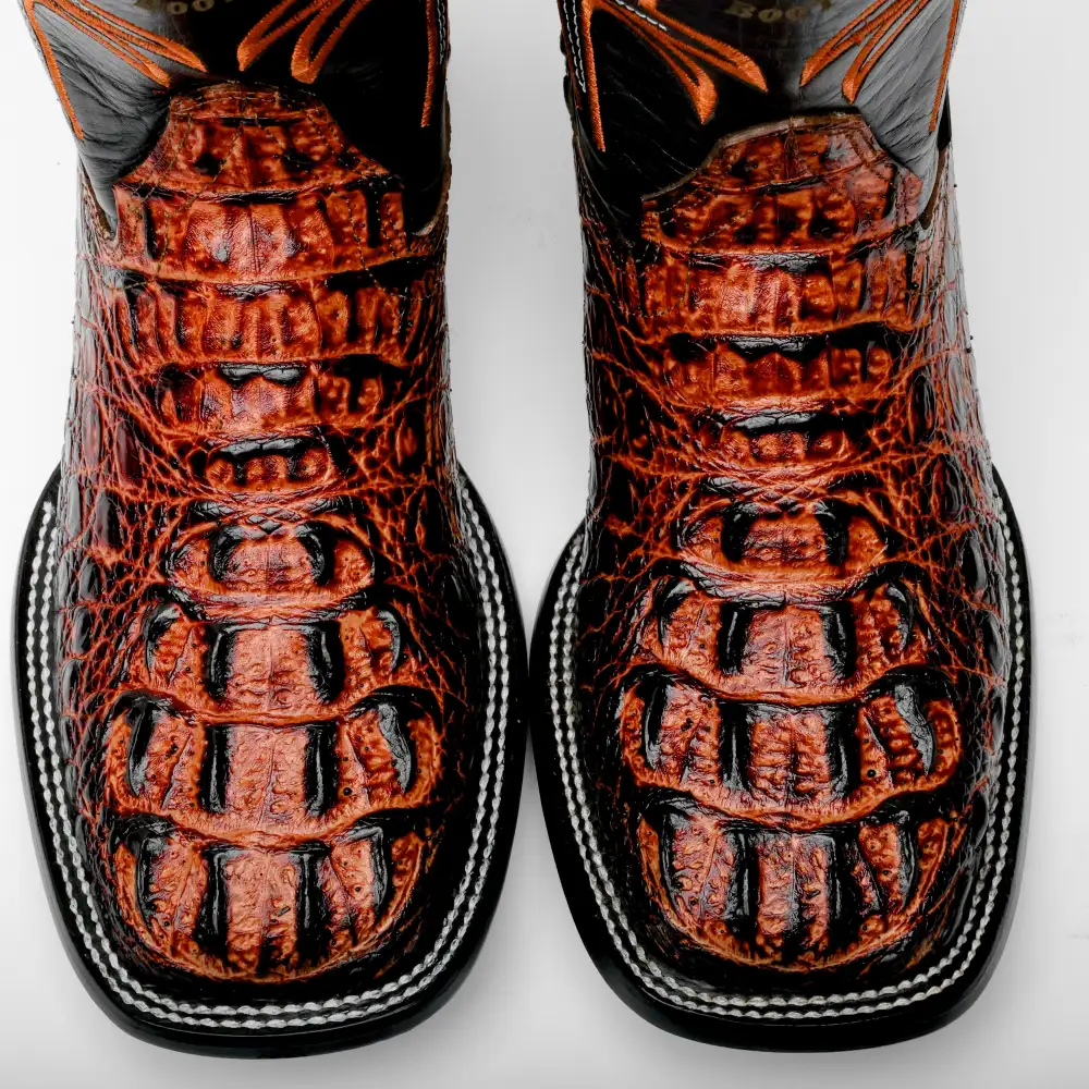 Cognac Caiman Neck Leather Boots - Square Toe