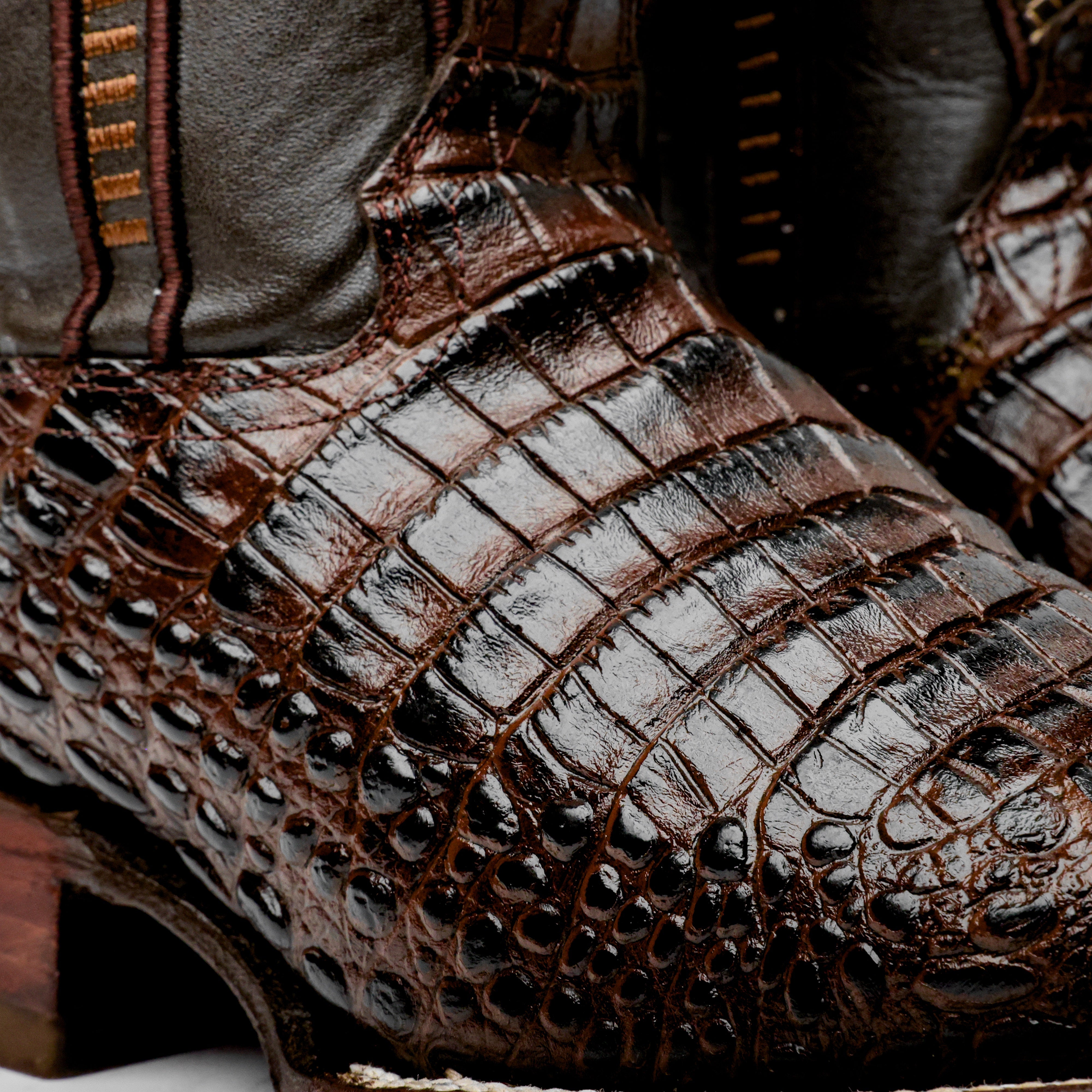 Brown Caiman Belly Leather Boots - Square Toe