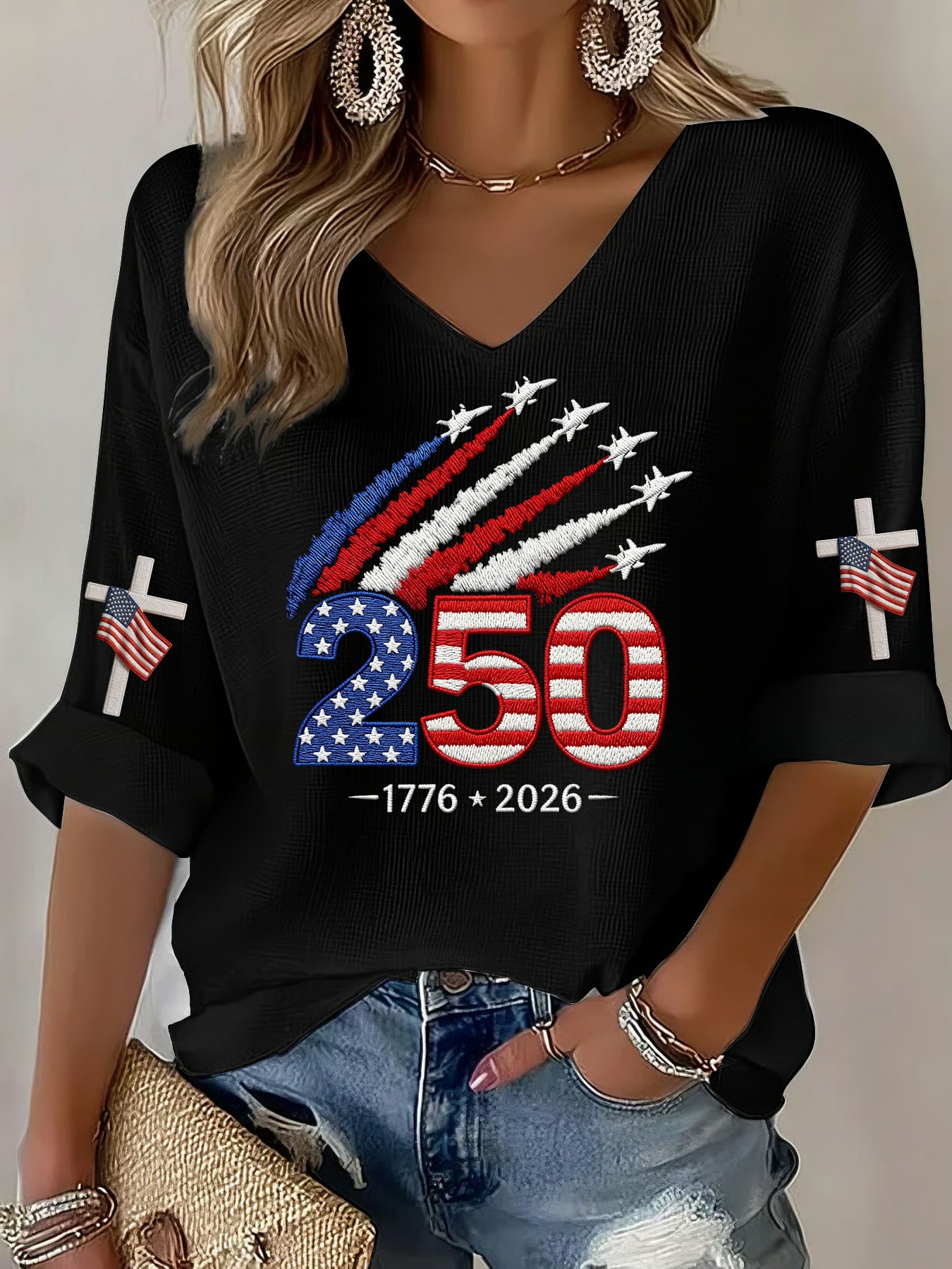 Women'S 250Th Anniversary Printed V-Neck Top For The Founding Of The United States