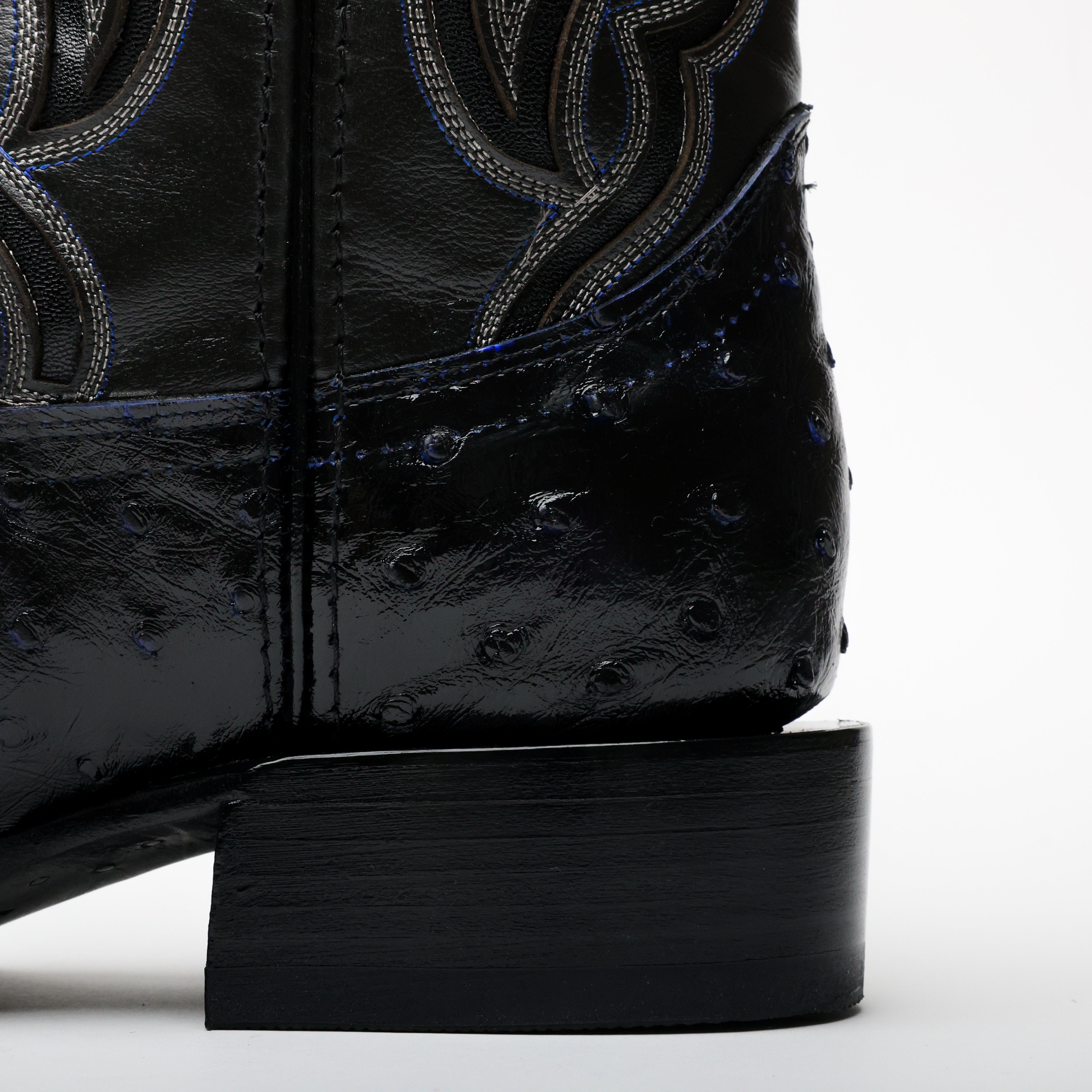 Black/Blue Ostrich Leather Boots - Square Toe