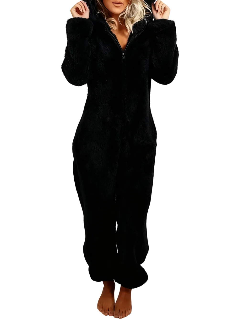 Women's Solid Zipper Hooded Plush Pajama Jumpsuit