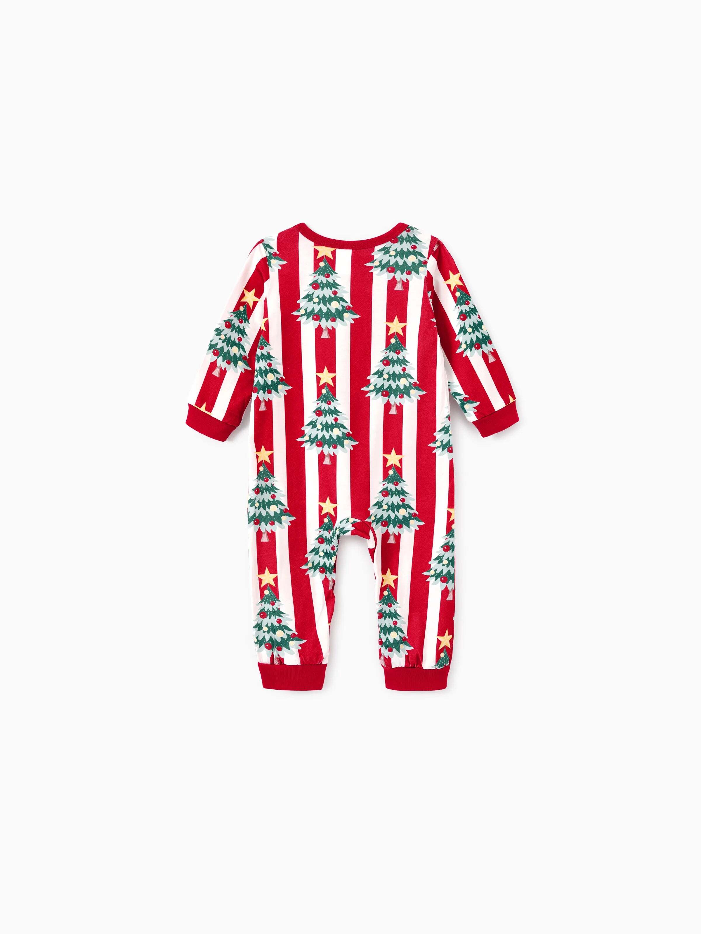 Christmas Family Matching Trees Print Stripes Long-sleeve Pajamas Sets with Christmas Socks Red