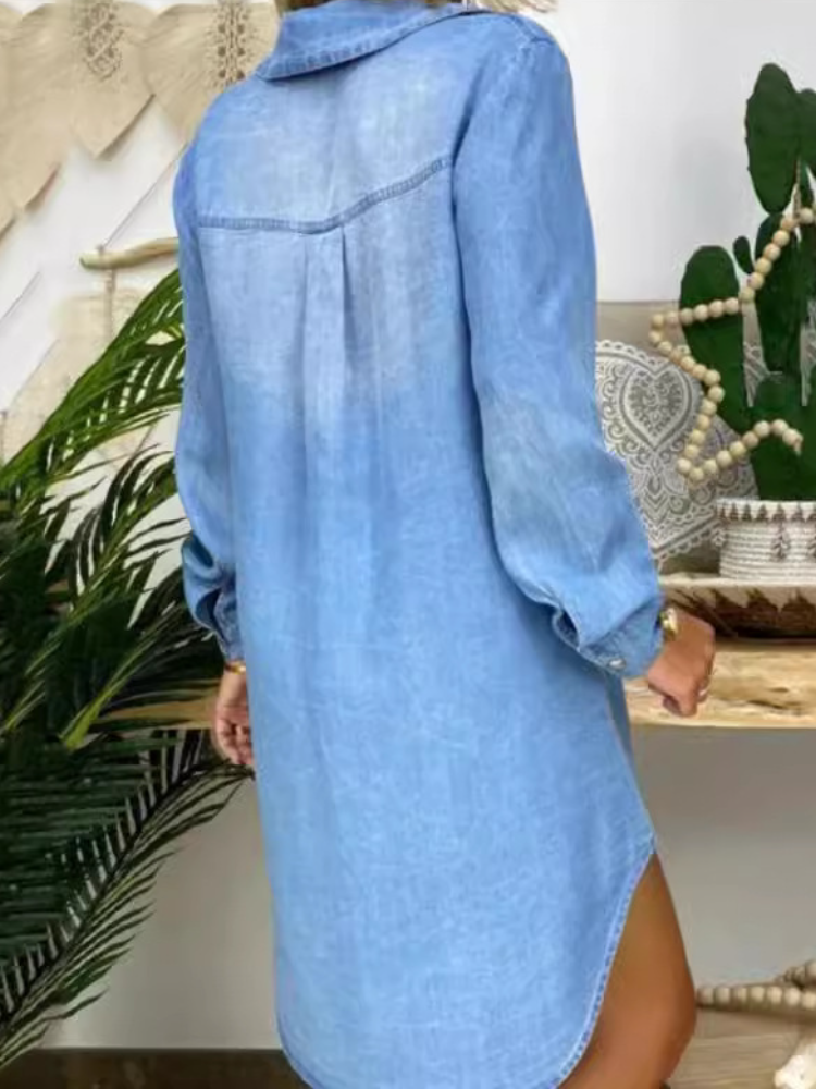 Women's Flip Collar Buckle Wash Water Casual Loose Dress