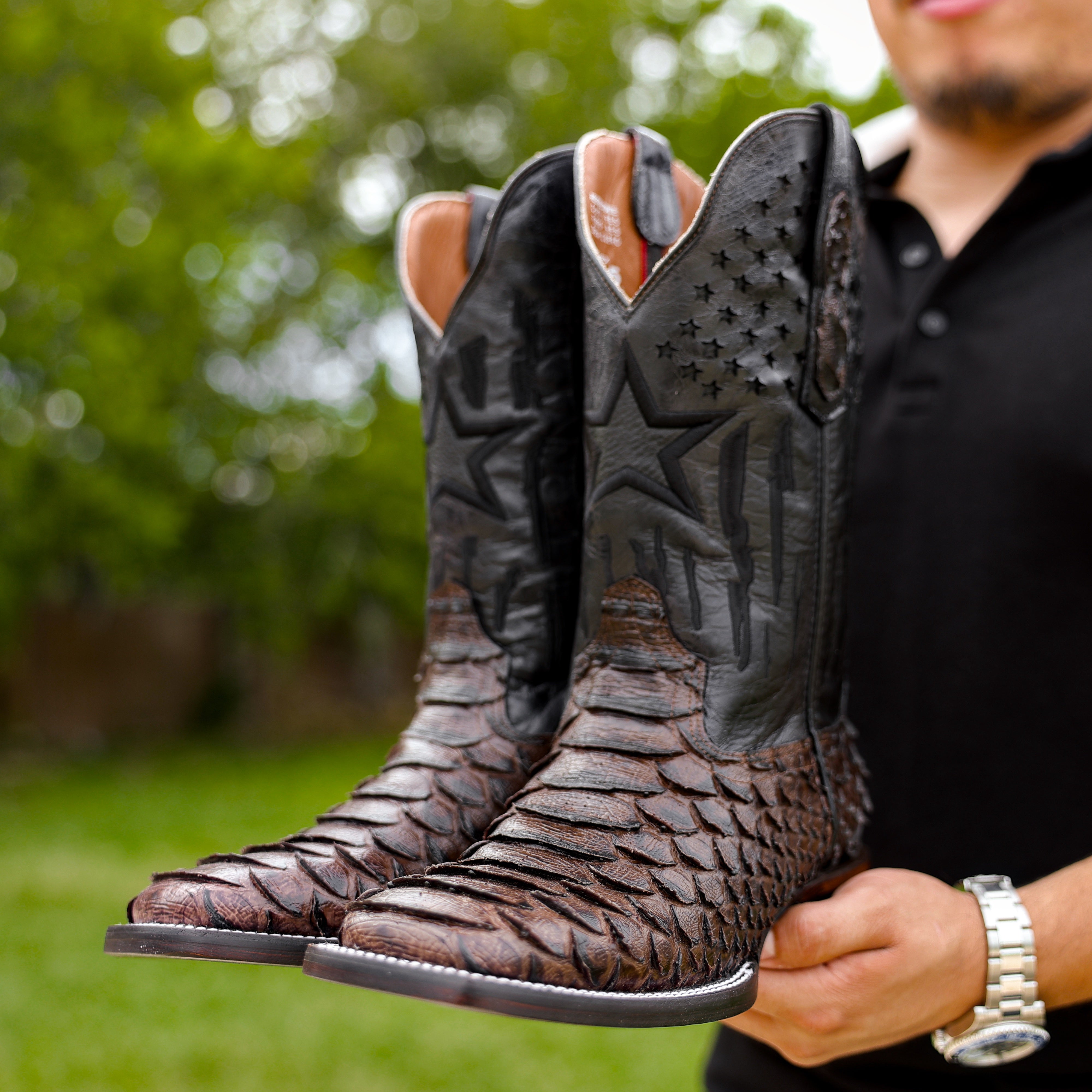 Brown Jumbo Python Leather Boots - Square Toe