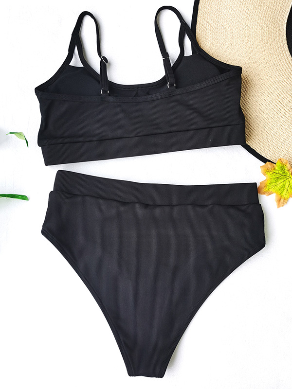 Spaghetti-Neck Padded Bralette High-Waisted Solid Color Bikini Swimwear