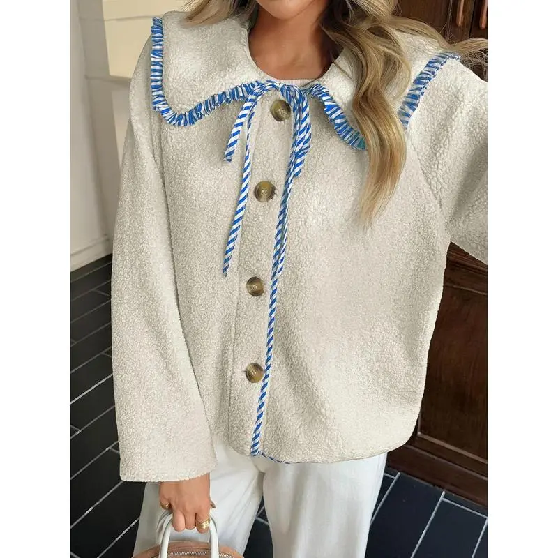 Womens Fuzzy Fleece Jacket Peter Pan Collar Button Down Fall Winter Sherpa Coats