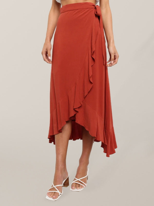Waist Tie Solid Color Irregular Midi Flare Skirt