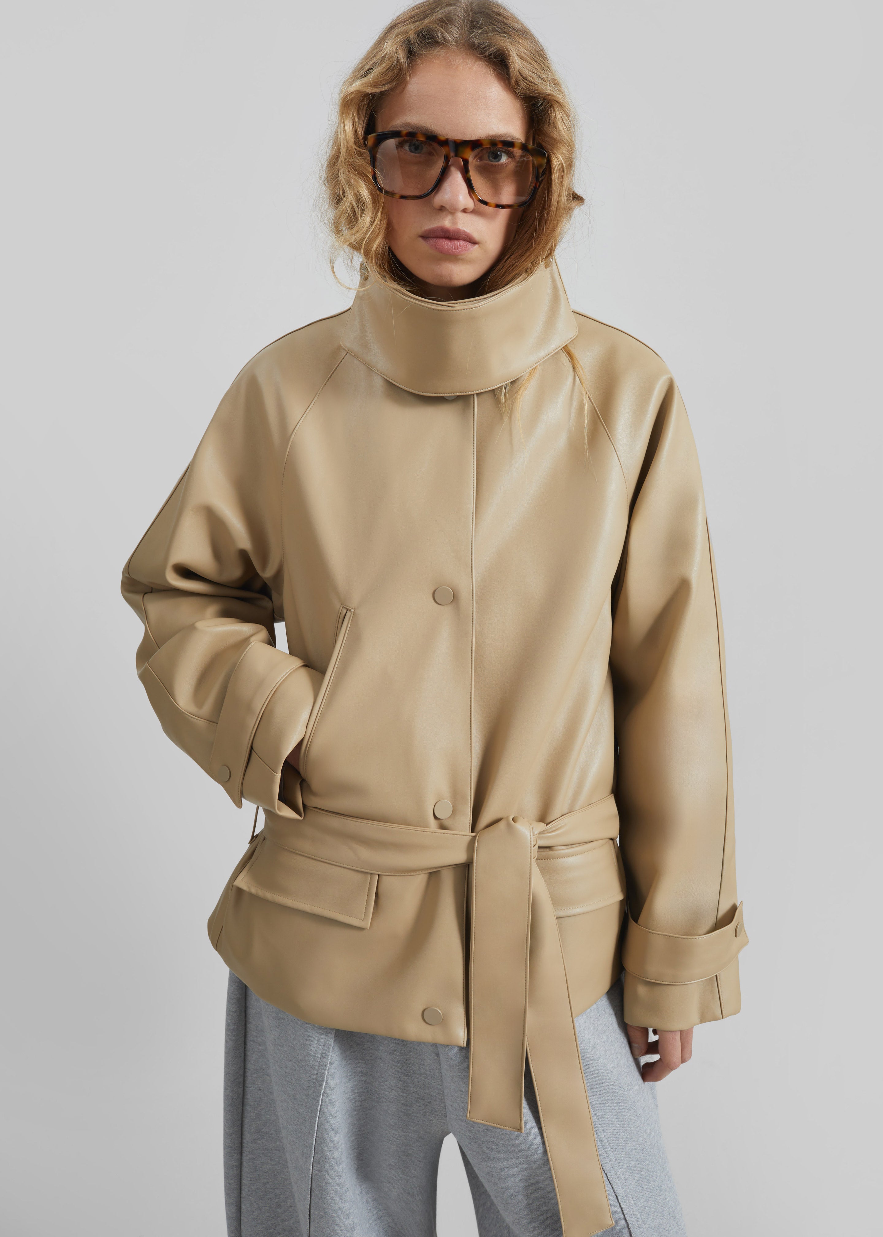 Viran Faux Leather Belted Jacket - Beige