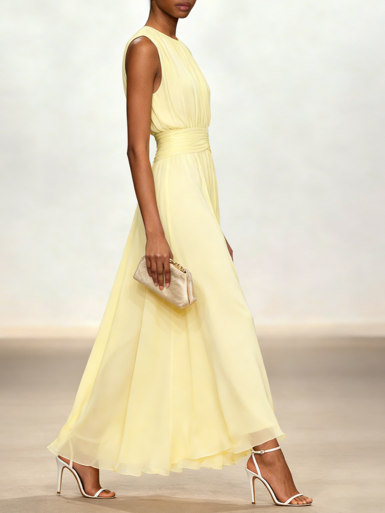 Yellow Chiffon Round Neck Sleeveless A-line Pleated Maxi Dress