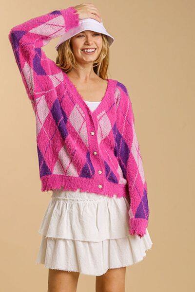 Elegant Argyle Pattern V-Neck Button Front Cardigan