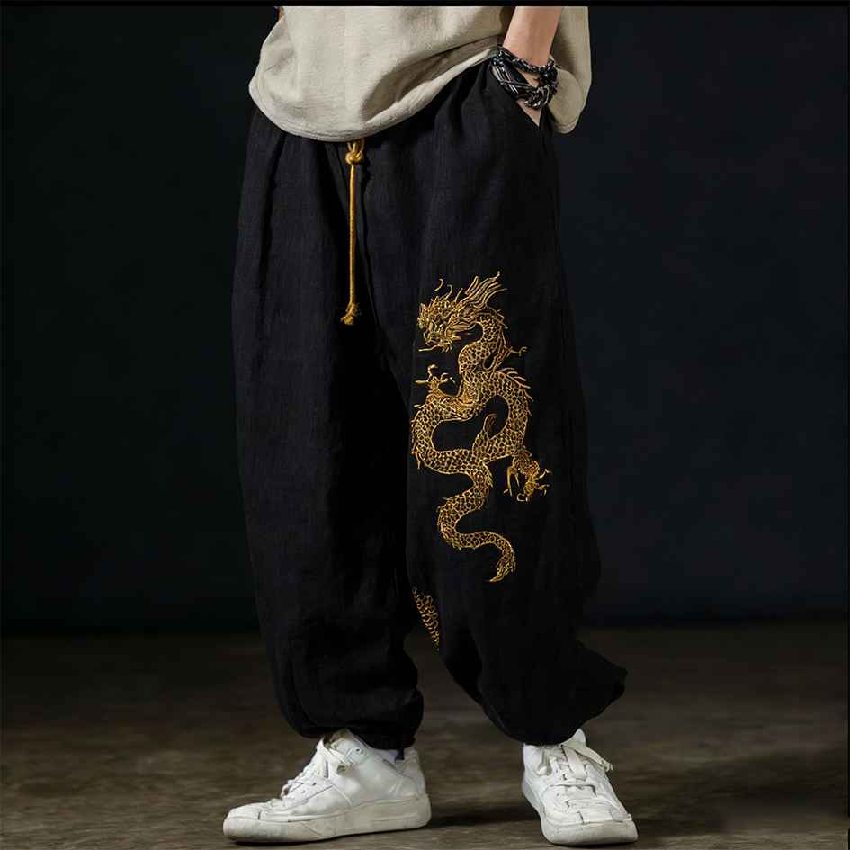 Men's Casual Cotton And Linen Wide-leg Pants With Dragon Patterns And Embroidered Floral Patterns