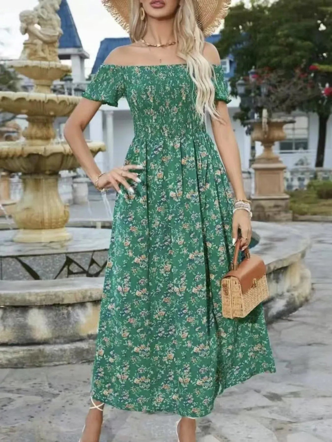Full Size Slit Off-Shoulder Floral Midi Dress Plus Size