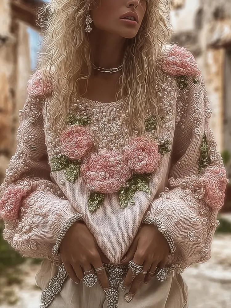 Women's Vintage Floral Round-neck Long-sleeved Warm And Thick Sweater