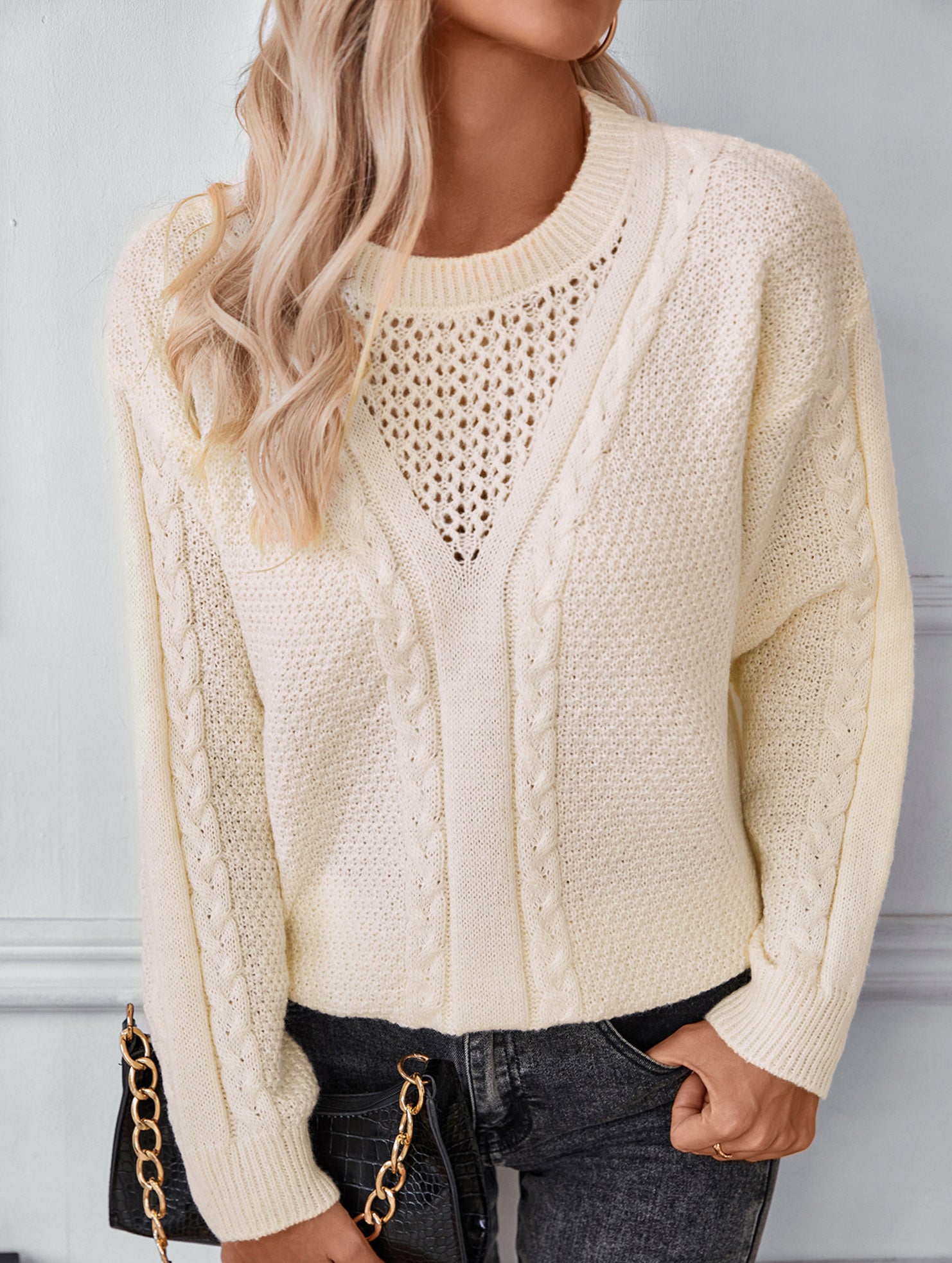 Solid Hollow Twist Knit Pullover Sweater_CWOSWL09271
