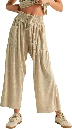 Womens 2 Piece Smocked Top Wide-Leg Pants Set