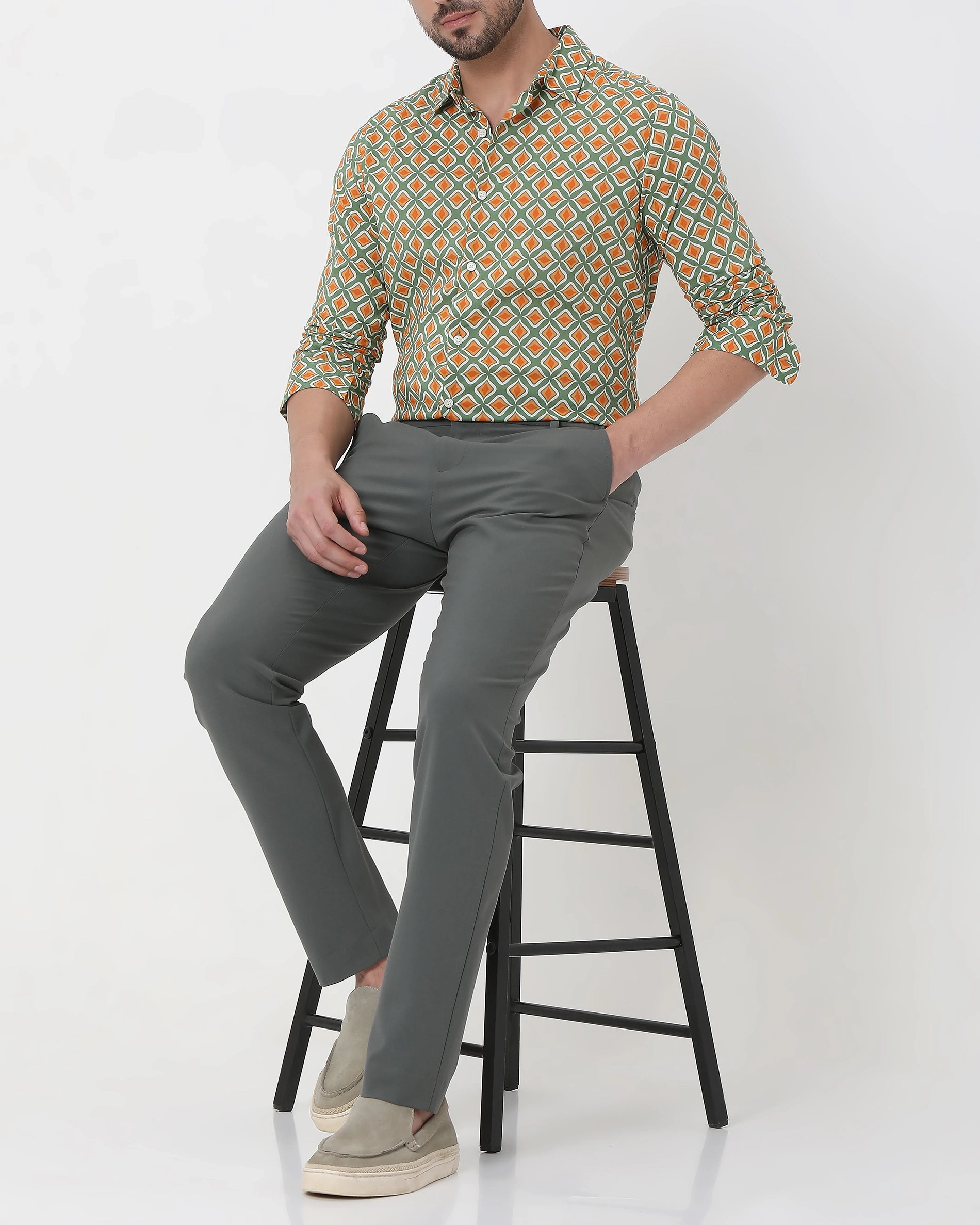 Classic Versatile Soft Slim-Fit Straight-Leg Olive Trousers