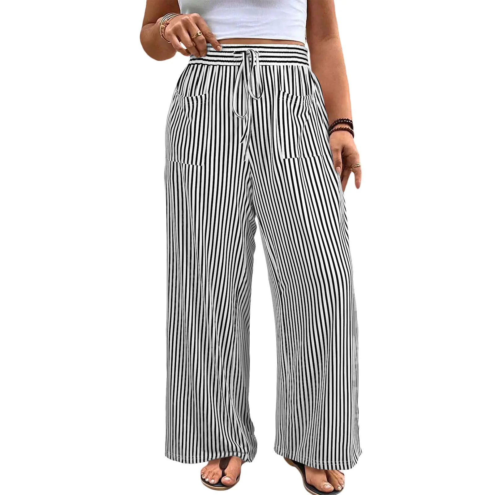 Womens Plus Size Wide Leg Pants Elastic High Waist Striped Casual Palazzo Pants Lounge Trouser with Pockets (1X-5X)