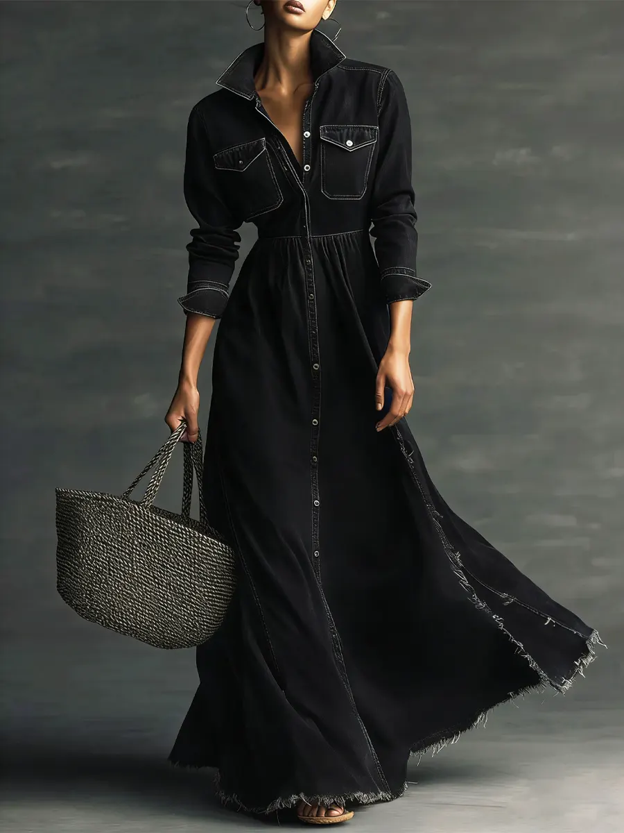 Women Stylish Art Stand Collar Washed Denim Midi Dress