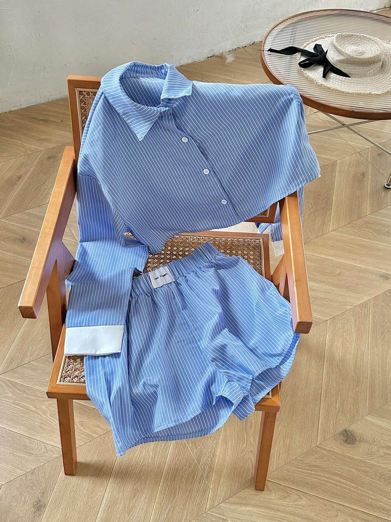 Women's Striped Print Button Front Shirt & Shorts Two-Piece Set