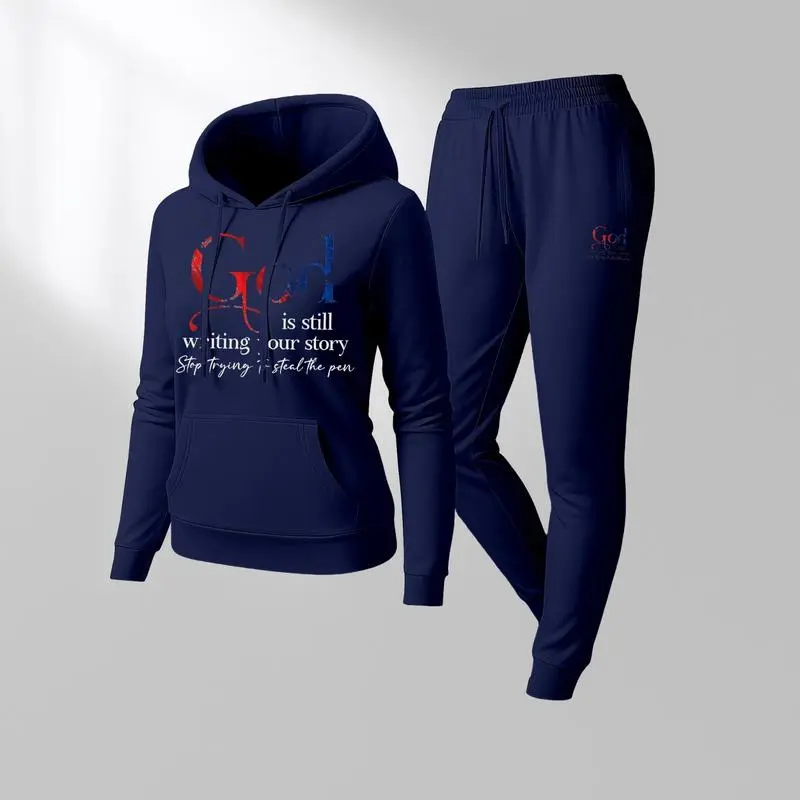 Women'S God Letter Print Hoodie And Drawstring Track Pants Set