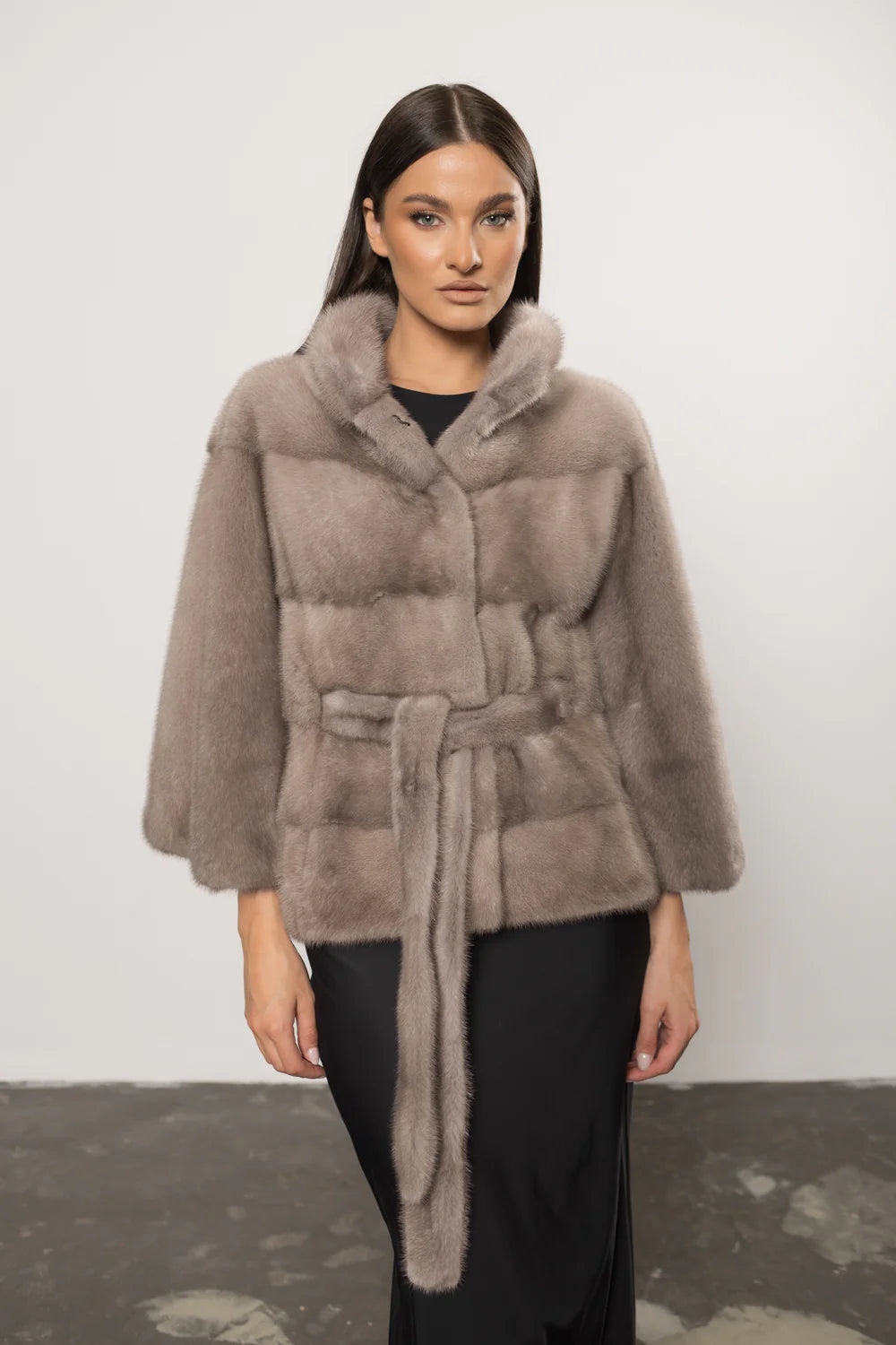 Haină din Blană Naturală de Vizon, cu Cordon, Femei, Silver Blue 406