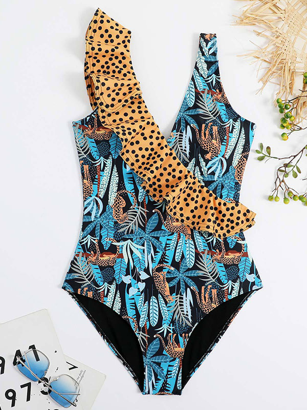 Floral Leopard Print One Piece Swimsuit