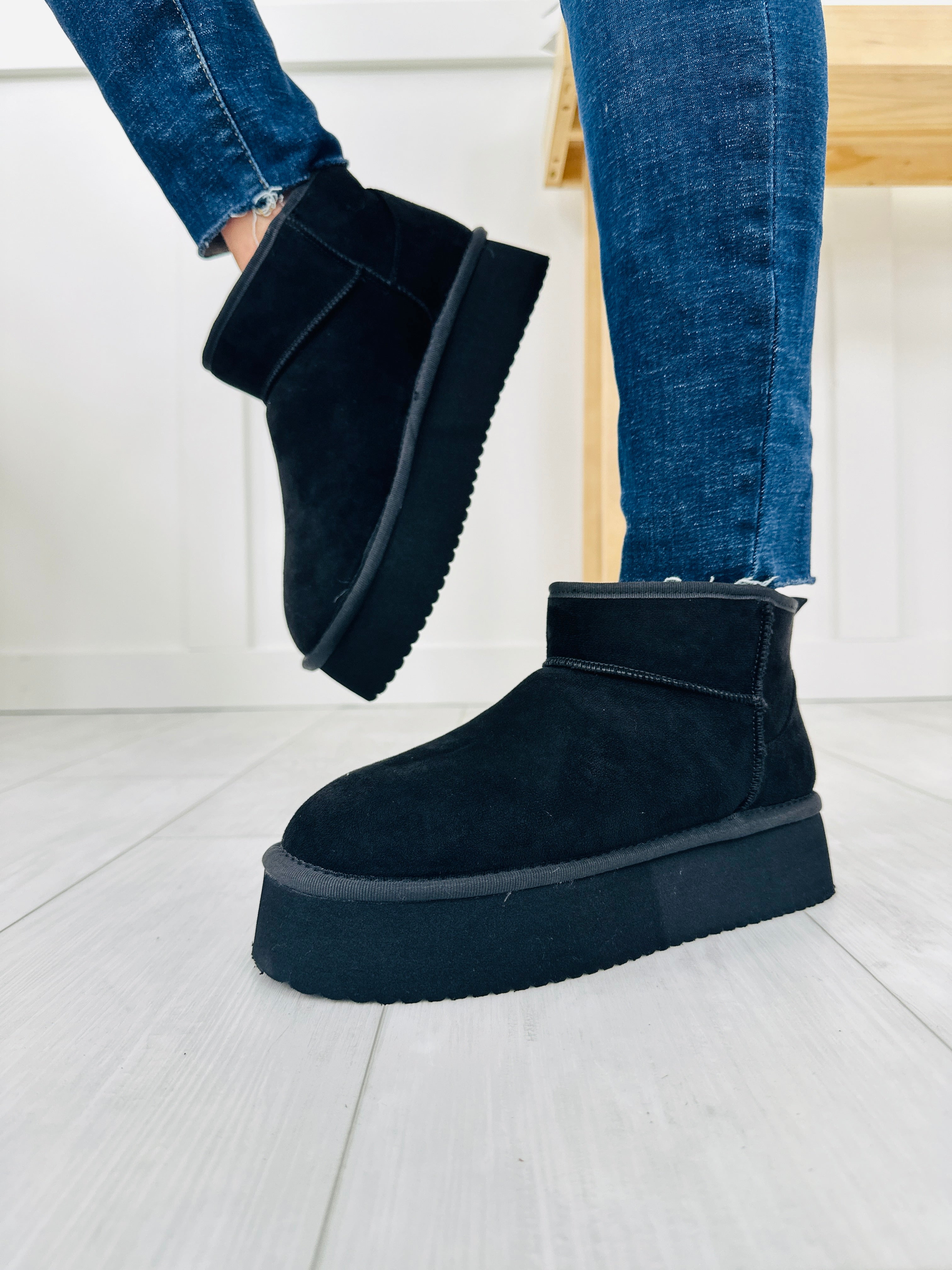 Toasty Terrain Booties In Black Faux Suede