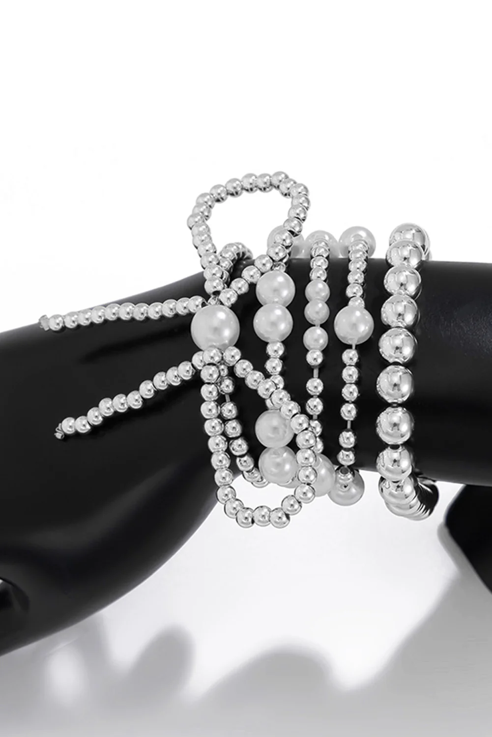 Silvery Bow Knot Pearl Beaded Multi Layered Bracelet Set