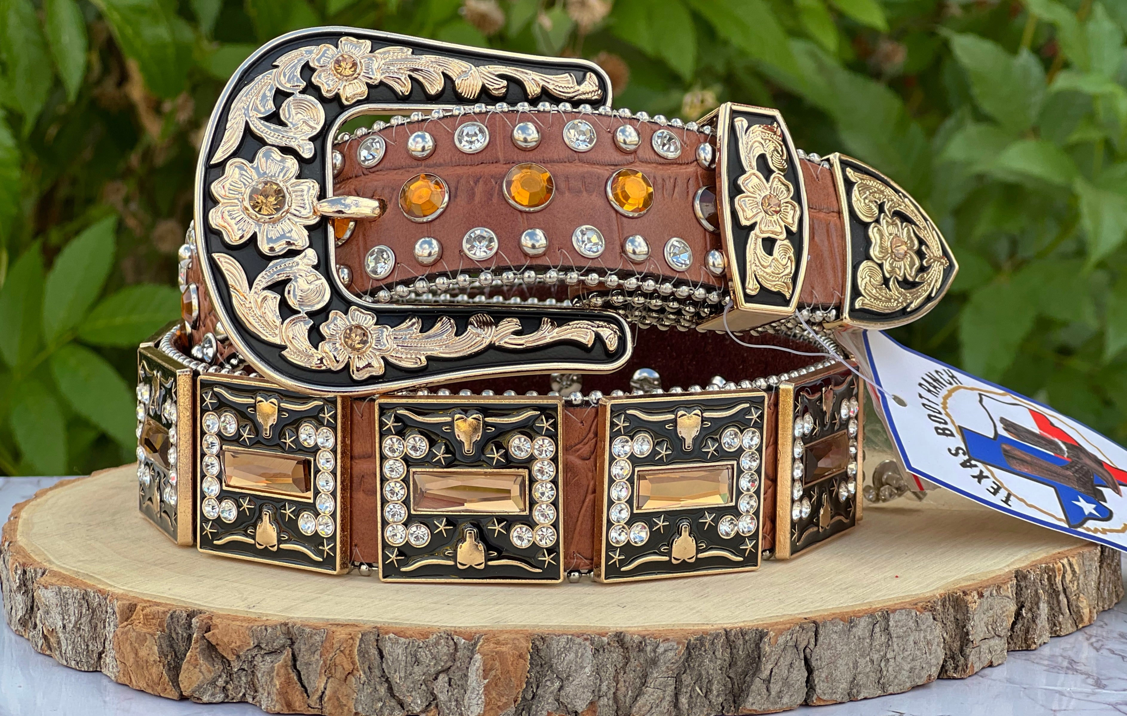 Western Brown Longhorn Belt With Rhinestone