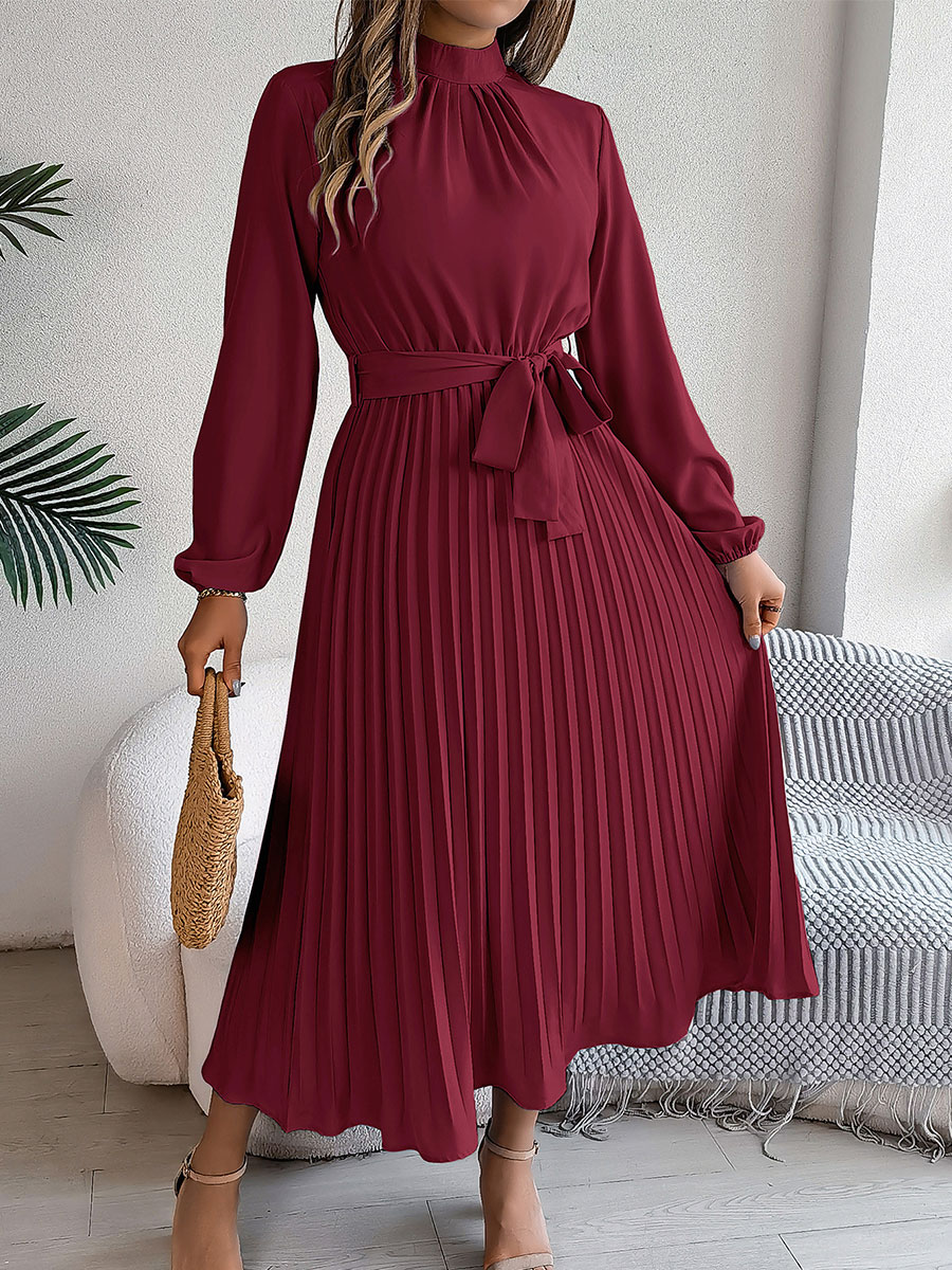 Women's Stand-up Collar Long-sleeved Lace Up Pleated Dress