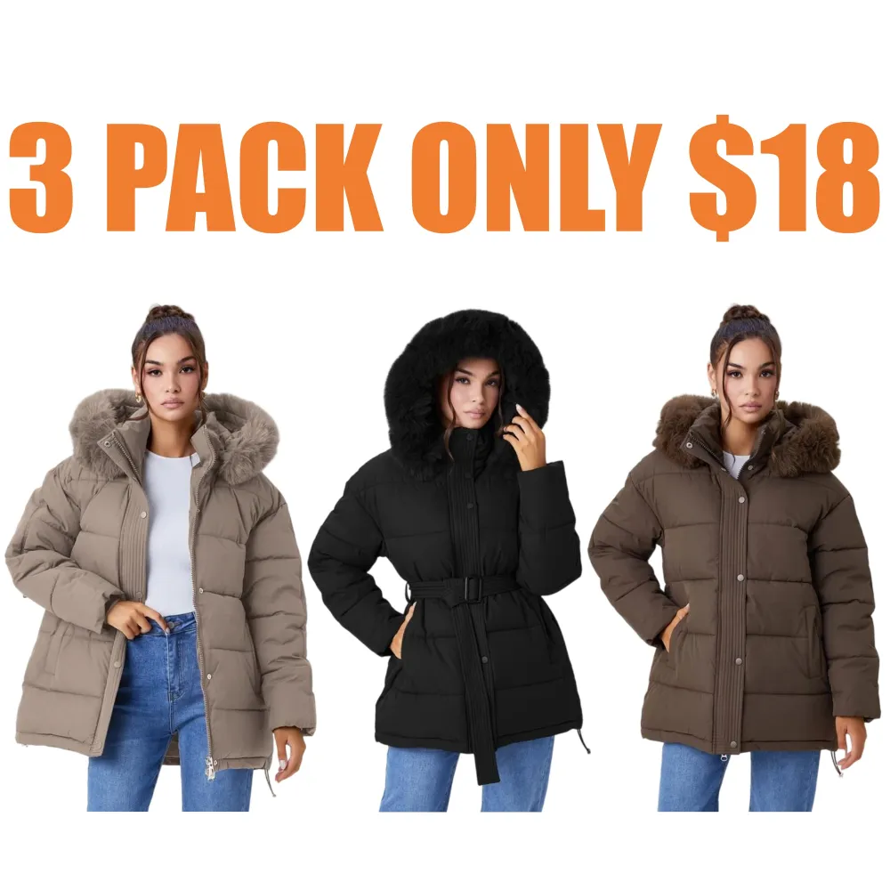 Women's Versatile Solid Color Fluffy Hooded Zip-Up Belt Decor Cotton Coat