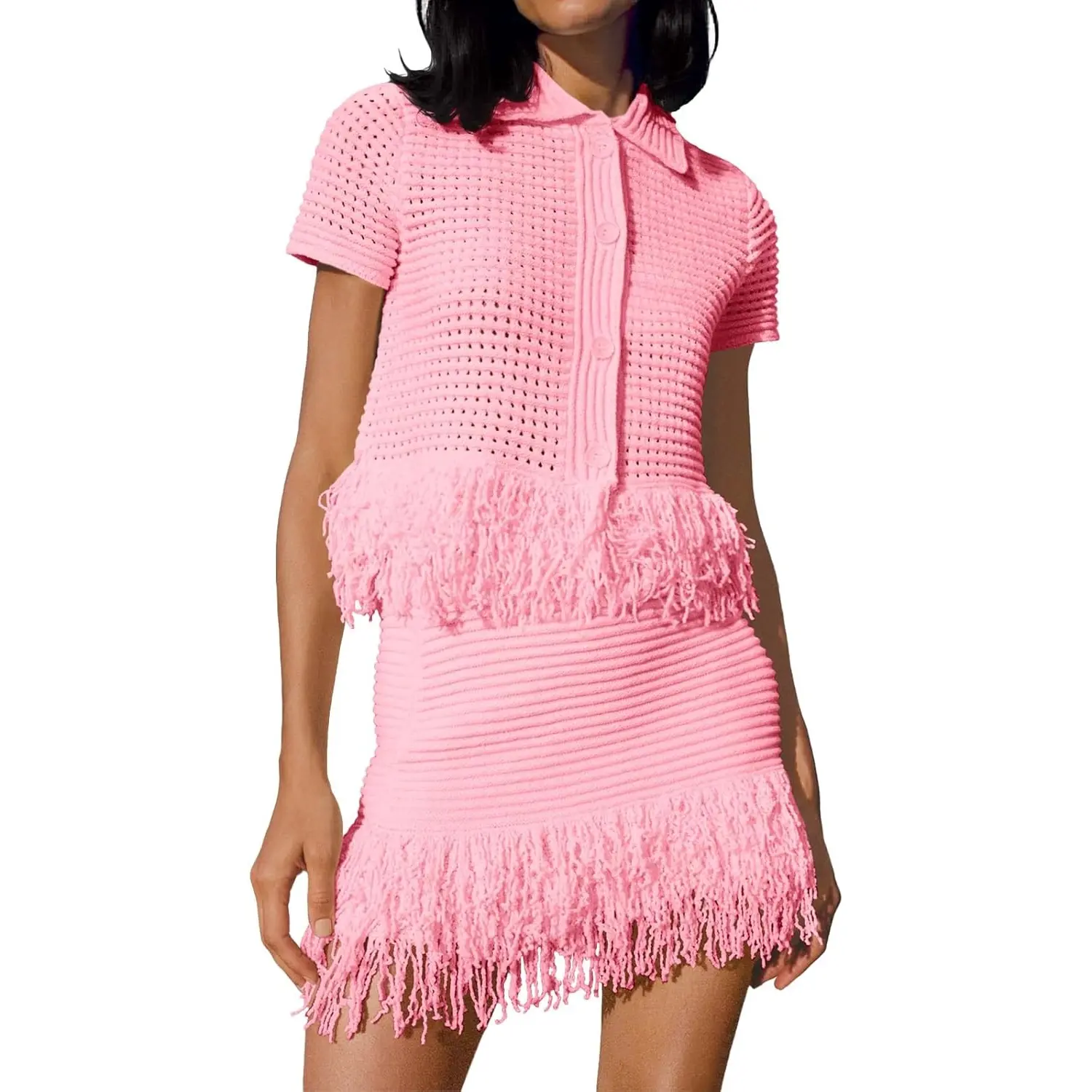 Womens 2 Piece Crochet Outfits Short Sleeve Button Knit Sweater Tops Fringe Skirt Summer Vacation Sets Beach Cover Ups