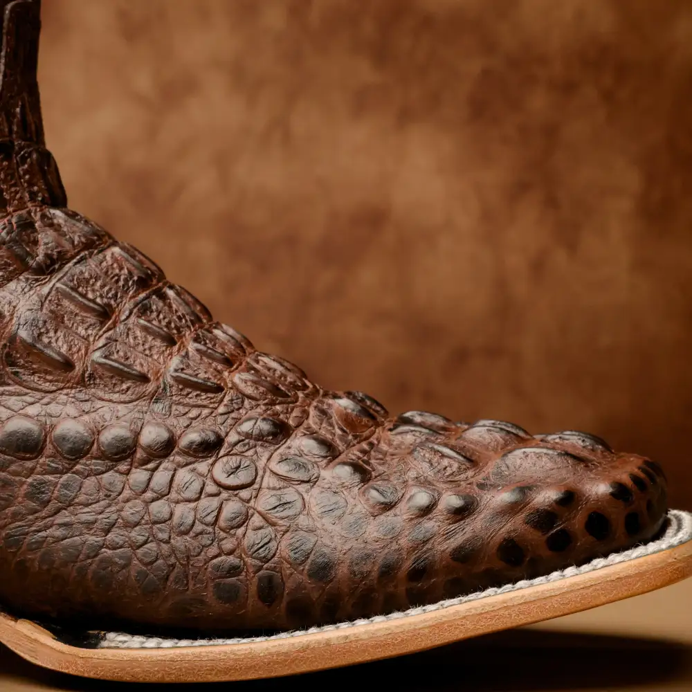 Brown Caiman Neck Leather Boots - Square Toe