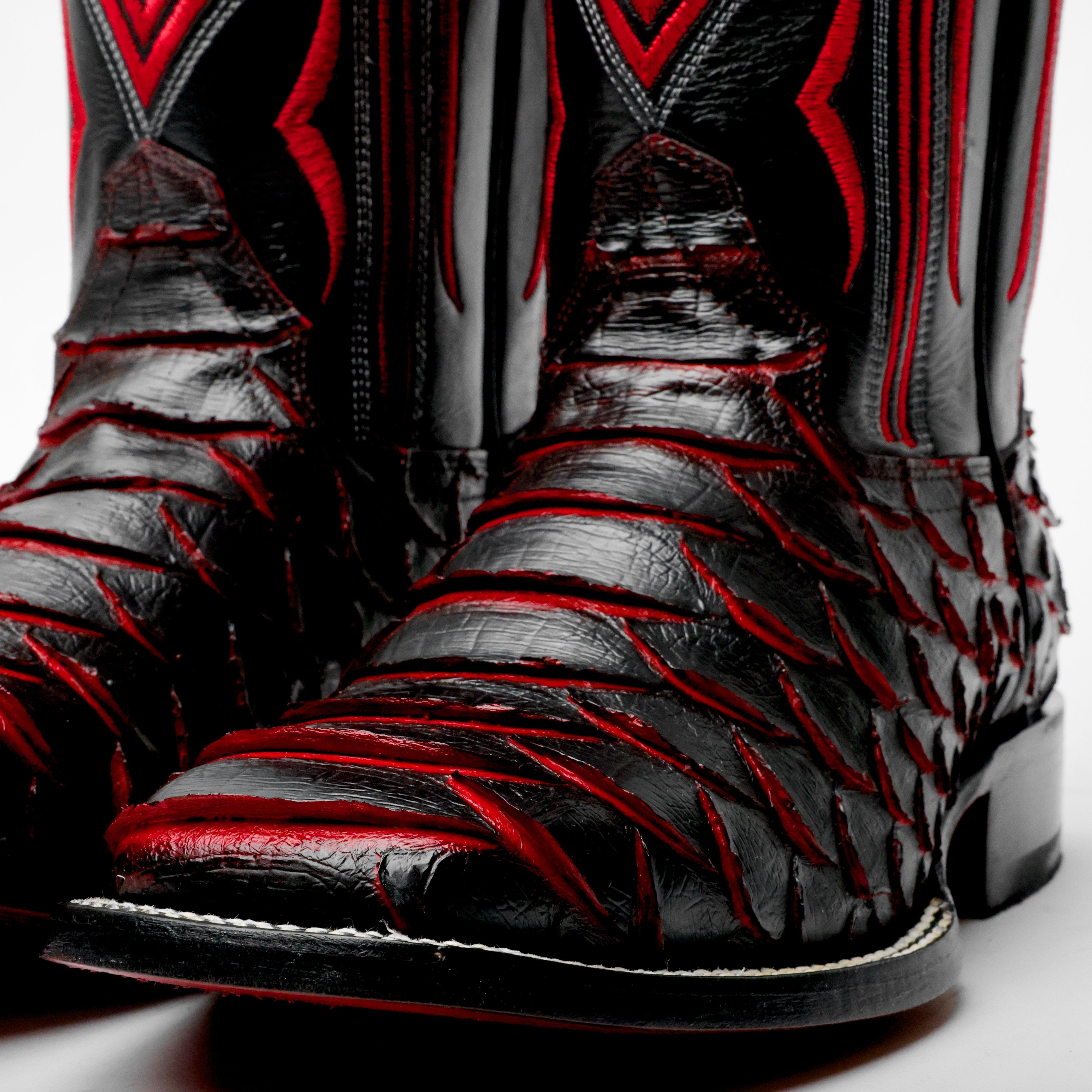 Black/Red Jumbo Python Leather Boots - Square Toe