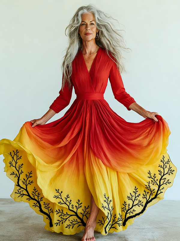 Embroidered Retro Loose Embroidered Printed Contrast Color Dress5117