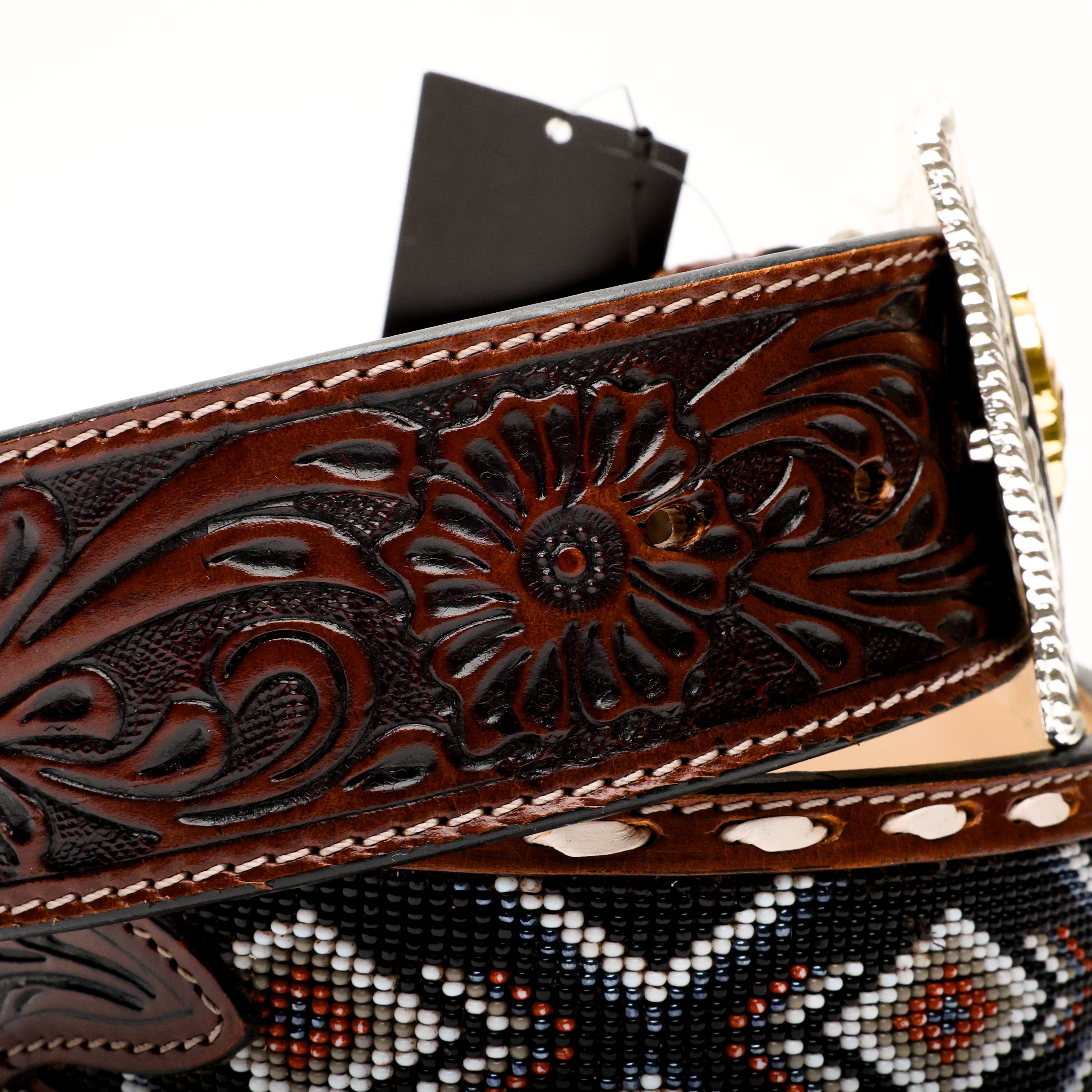 2 Inch Hand-Tooled Artesanal Beaded Leather Belt