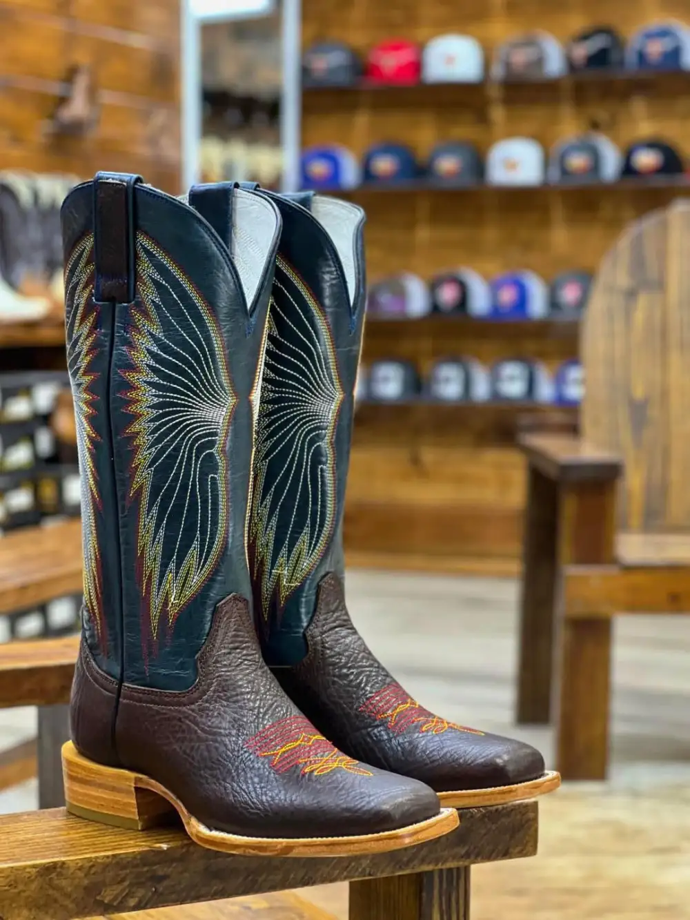 Men’s Brown Shoulder Leather Boots With Navy Blue Shaft