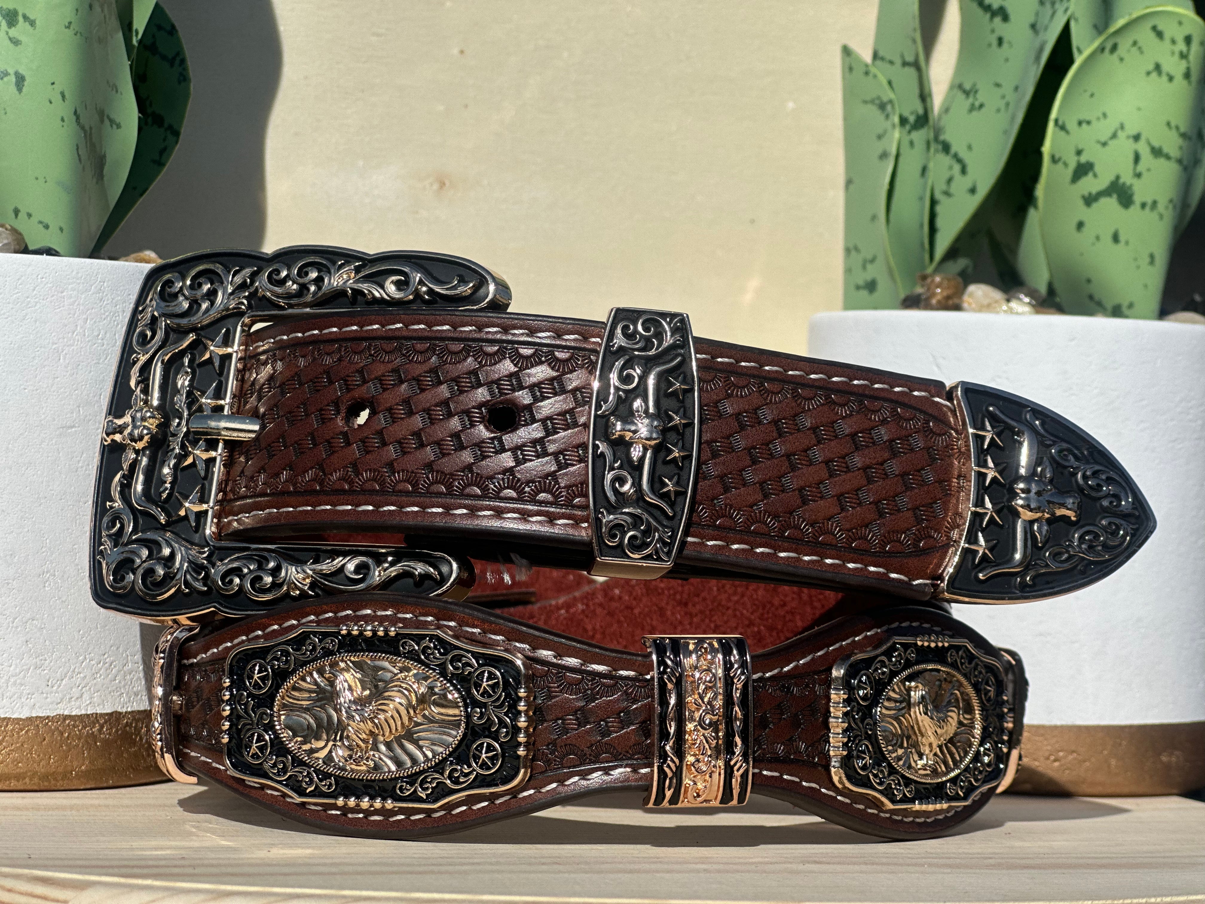 Men’s Brown Leather Belt With Rooster Concho