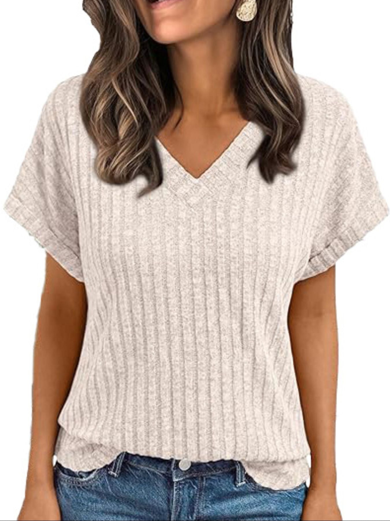 Ribbed Knit V-Neck Relaxed Fit T-Shirt