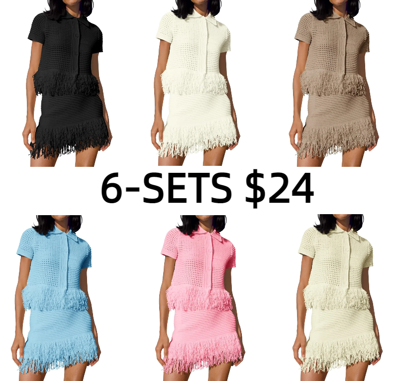 Womens 2 Piece Crochet Outfits Short Sleeve Button Knit Sweater Tops Fringe Skirt Summer Vacation Sets Beach Cover Ups