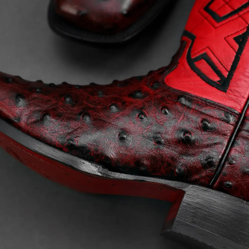 Black Cherry Ostrich Leather Boots - Square Toe