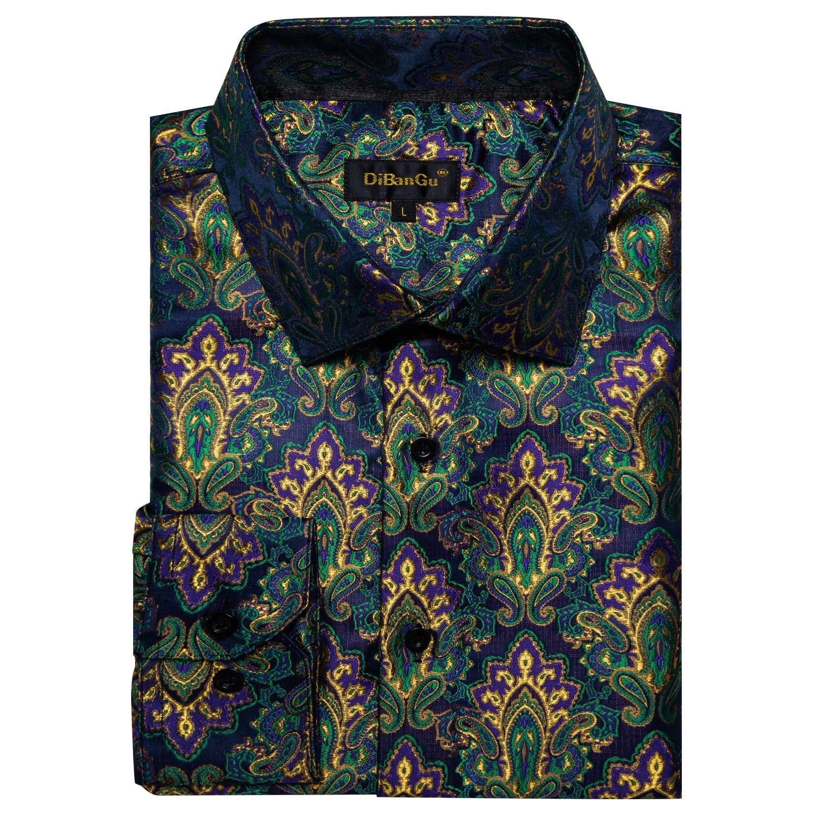 Men's Paisley Dress Shirt Long Sleeve Wrinkle Free Button Down Cowboy Shirts - Green&gold&paisley